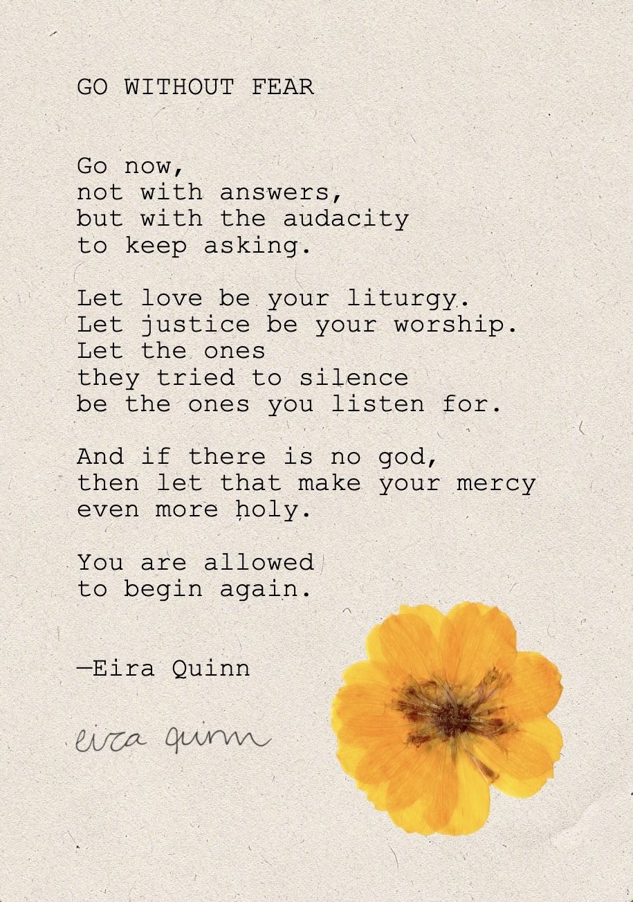 Go Without Fear typed on handmade paper with pressed yellow flower